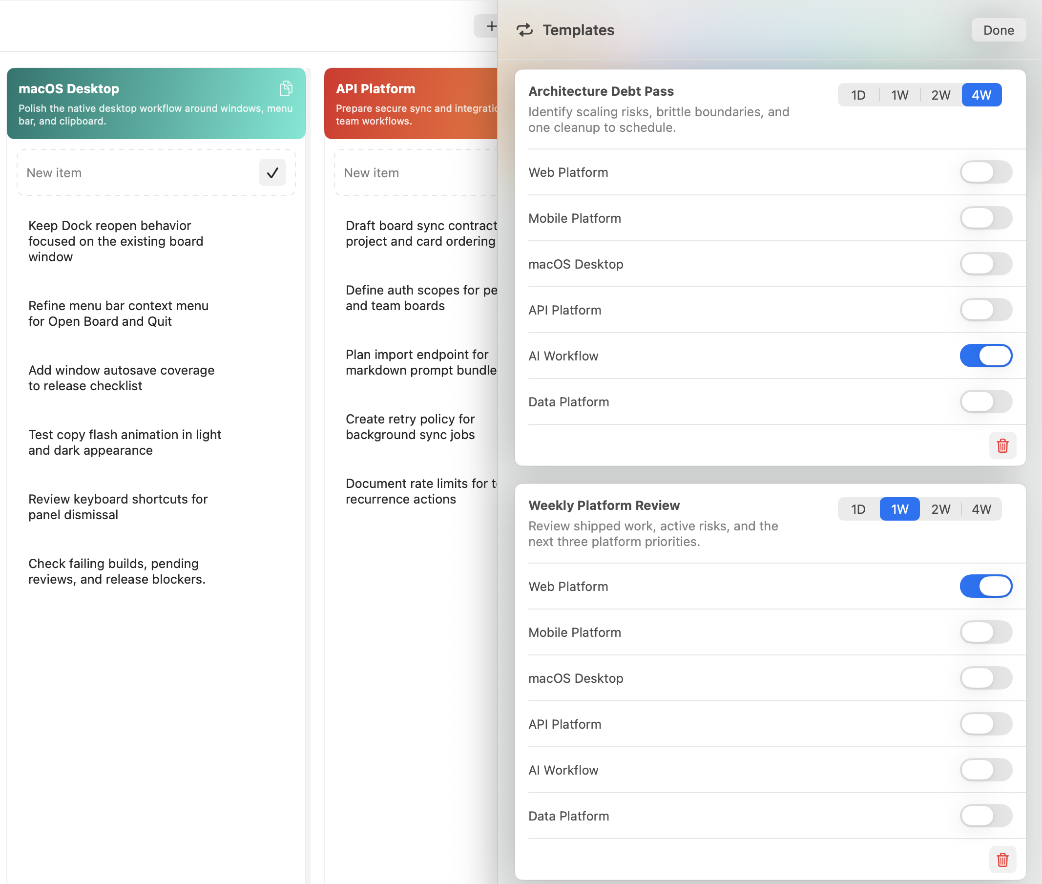 PromptPlanner recurring templates panel.